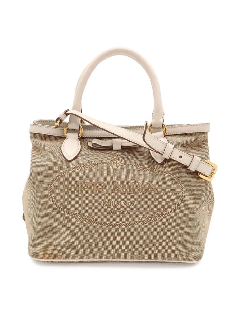 Prada Logo Jacquard Ribbon Tote 2-Way Shoulder Bag Crossbody Corda Beige Talco